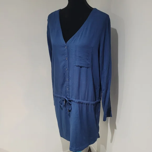 Lole Women's Rayon Long Sleeve Button-Up Belted Tunic Dress Medium Blue Casual - Picture 3 of 9